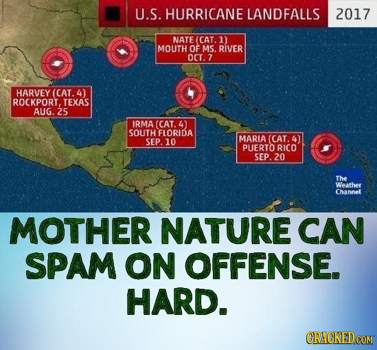 U.S. HURRICANE LANDFALLS 2017 NATE (CAT. 1) MOUTH OF MS. RIVER OCT.7 HARVEY (CAT. 4) ROCKPORT. TEXAS AUG.25 IRMA (CAT. 4) SOUTH FLORIDA MARIA 4) SEP.