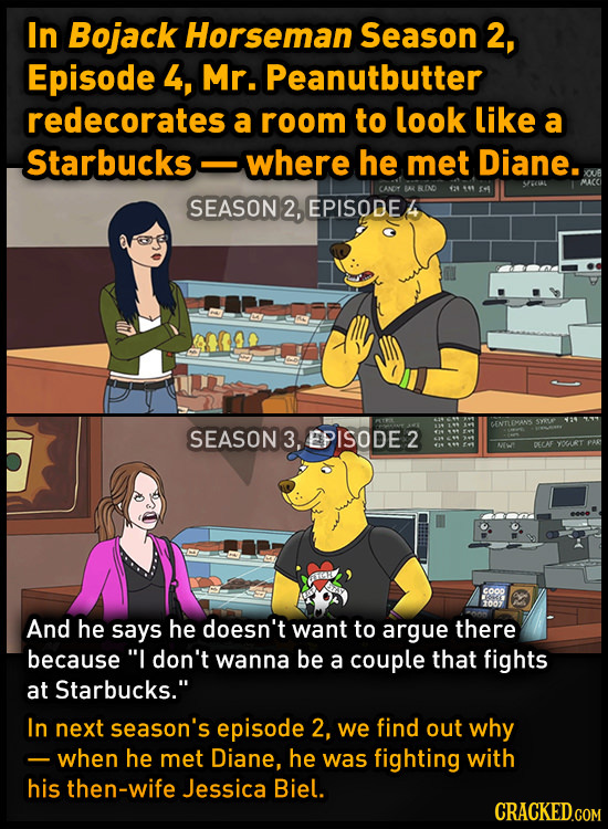In Bojack Horseman Season 2, Episode 4, Mr. Peanutbutter redecorates a room to look like a Starbucks where he met Diane. XOUR EL MAKCC A REND SEASON 2