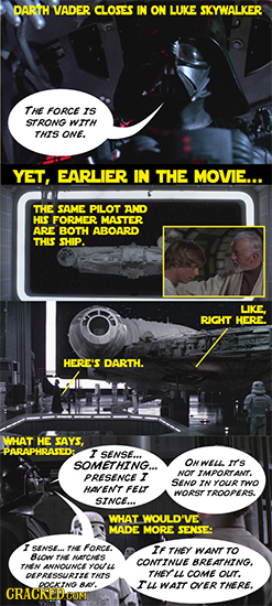 DARTH VADER CLOSES IN ON LUKE SKYWALKER THE FORCE IS STRONG WIH rhs ONE. YET, EARLIER IN THE MOVIE... THE SAME PILOT AND HIS FORMER MASTER ARE BOTH AB