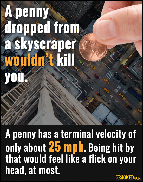 A penny dropped from a skyscraper wouldn't kill you. A penny has a terminal velocity of only about 25 mph. Being hit by that would feel like a flick o