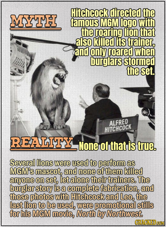 Movie Trivia Everyone Gets Wrong - Myth Hitchcock directed the famous MGM logo with the roaring lion that also killed its trainer, and only roared whe