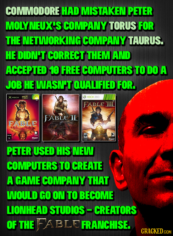 COMMODORE HAD MISTAKEN PETER MOLY NEUX'S COMPANY TORUS FOR THE NETWORKING COMPANY TAURUS. HE DIDN'T CORRECT THEM AND ACCEPTED 10 FREE COMPUTERS TO DO