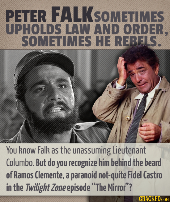 PETER FALKSOMETIMES UPHOLDS LAW AND ORDER, SOMETIMES HE REBELS. You know Falk as the unassuming Lieutenant Columbo. But do you recognize him behind th