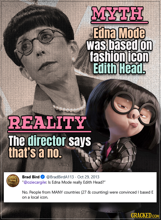 Movie Trivia Everyone Gets Wrong - Myth Edna Mode was based on fashion icon Edith Head. Reality The director says that’s a no.