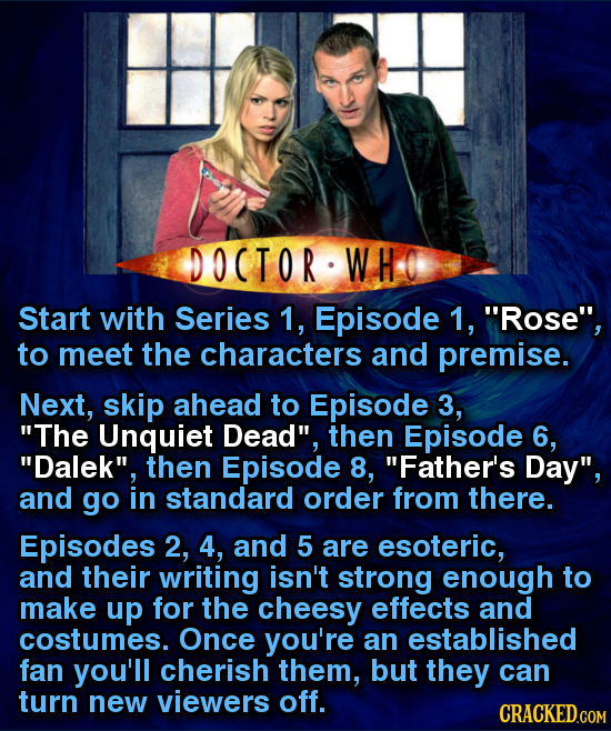 DOCTOR WHO Start with Series 1, Episode 1, Rose, to meet the characters and premise. Next, skip ahead to Episode 3, The Unquiet Dead, then Episode