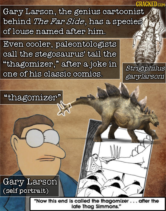 CRACKEDGON Gary Larson, the genius cartoonist behind The Far Side, has a species of louse named after him. Even cooler, paleontologists call the stego