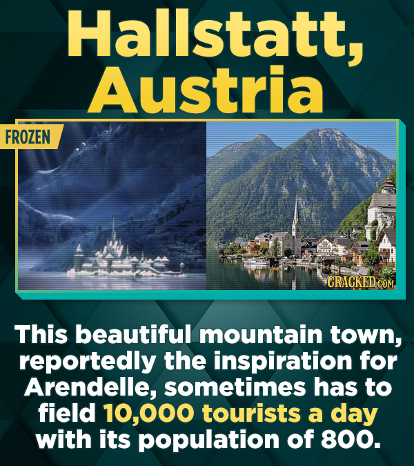 Hallstatt, Austria FROZEN CRACKEDCO This beautiful mountain town, reportedly the inspiration for Arendelle, sometimes has to field 000 tourists a day with its population of 800.