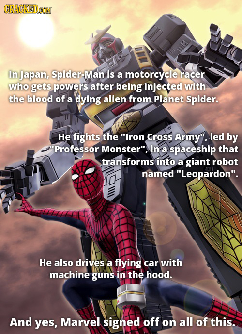CRAGKED In Japan, Spider-Mar is a motorcycle racer who gets powers after being injected with the blood of a dying alien from Planet Spider. He fights