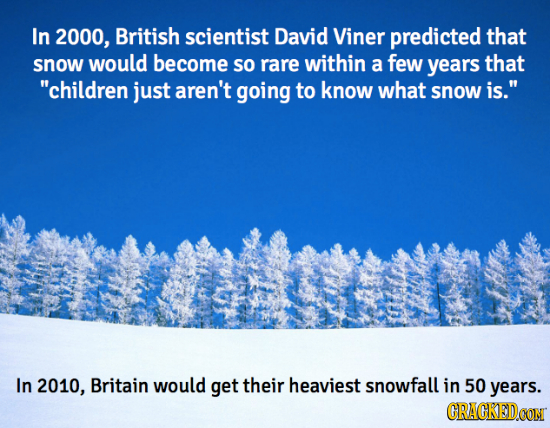 In 2000, British scientist David Viner predicted that snow would become so rare within a few years that children just aren't going to know what snow 