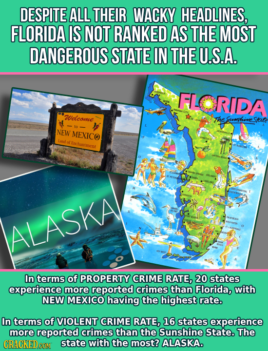 DESPITE ALL THEIR WACKY HEADLINES, FLORIDA IS NOT RANKED AS THE MOST DANGEROUS STATE IN THE U.S.A. ORIDA Welcome The Sumphuive Stote 10 NEW MEXICO Lan