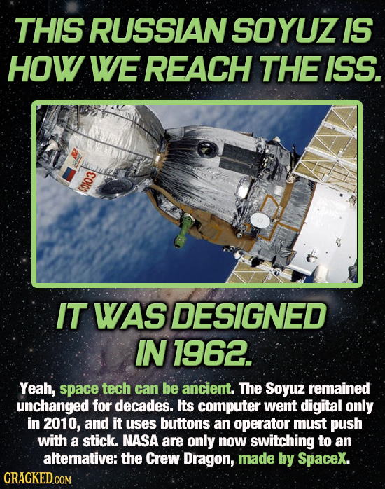 THIS RUSSIAN SOYUZ IS HOW WE REACH THE ISS. COK3 IT WAS DESIGNED IN 1962. Yeah, space tech can be ancient. The Soyuz remained unchanged for decades. I