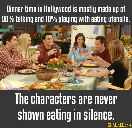 Dinner time in Hollywood is mostly made up of 90% talking and 10% playing with eating utensils. The characters are never shown eating in silence. CRAC