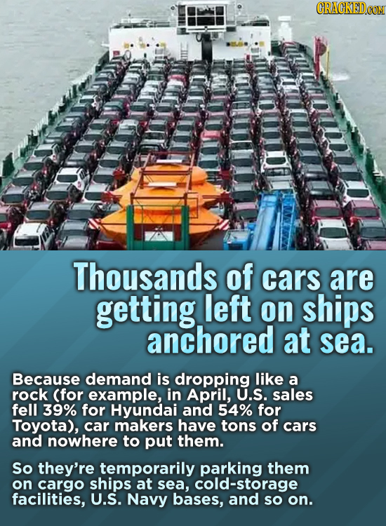 CRACKED Thousands of cars are getting left on ships anchored at sea. Because demand is dropping like a rock (for example, in April, U.S. sales fell 39