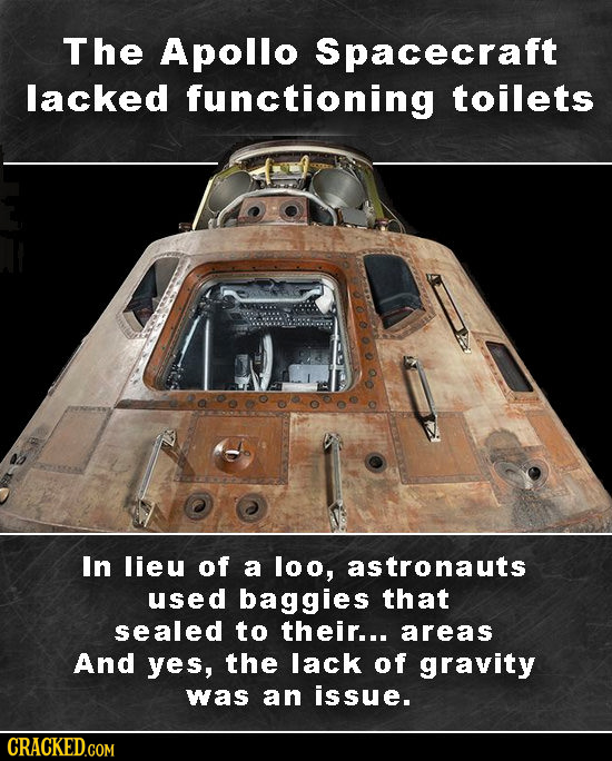 The Apollo Spacecraft lacked functioning toilets In lieu of a loo, astronauts used baggies that sealed to their... areas And yes, the lack of gravity