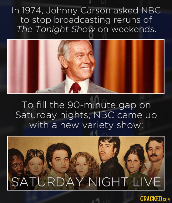 In 1974, Johnny Carson asked NBC to stop broadcasting reruns of The Tonight Show on weekends. To fill the minute gap on Saturday nights, NBC came up w