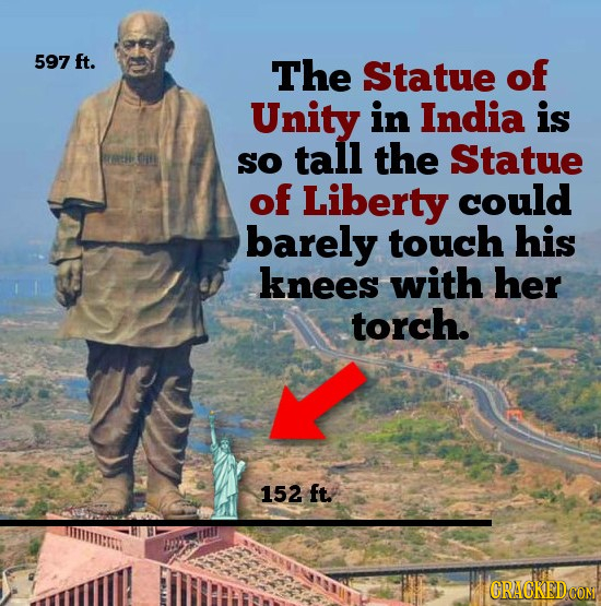 597 ft. The Statue of Unity in India is SO tall the Statue of Liberty could barely touch his knees with her torch. 152 ft