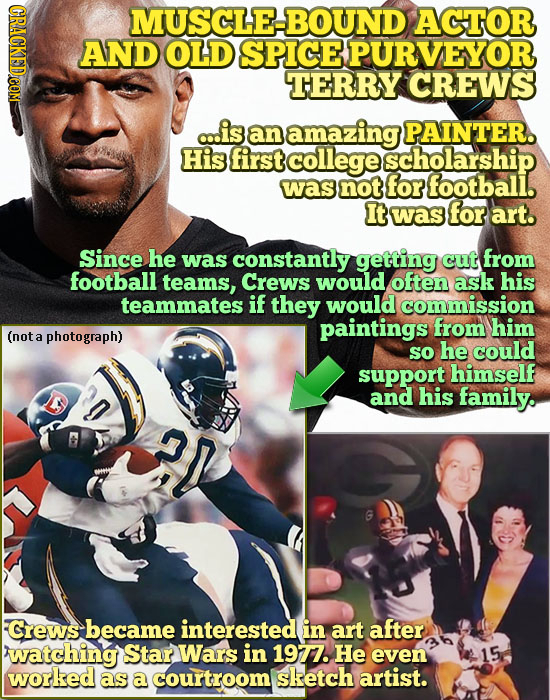 MUSCLE-BOUND ACTOR AND OLD SPICE PURVEYOR TERRY CREWS c..is an amazing PAINTER. His first college scholarship was not for footbali. It was for art. Si