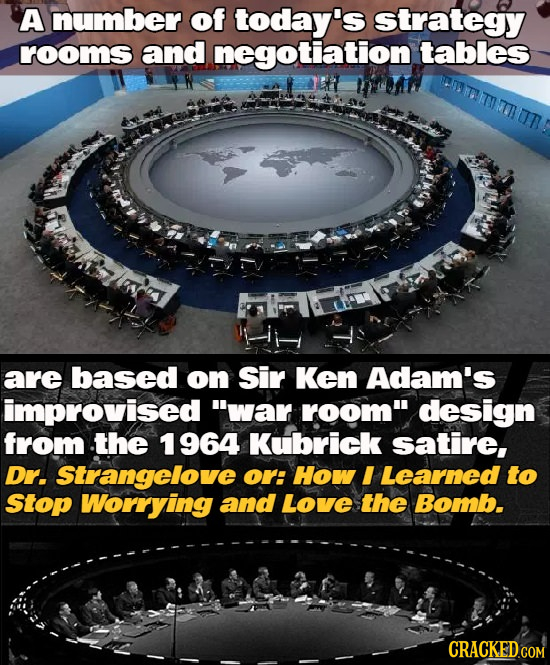 A number of today's strategy rrooms and negotiation, tables ITITTTUTL are based on sir Ken Adam's improvised war room design from the 1964 Kubrick s