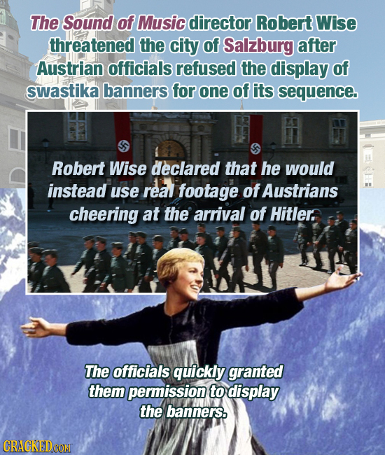 The Sound of Music director Robert Wise threatened the city of Salzburg after Austrian officials refused the display of swastika banners for one of it