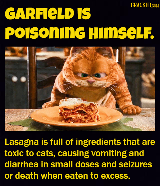 GARFIELD IS POISonING HIMSELF. Lasagna is full of ingredients that are toxic to cats, causing vomiting and diarrhea in small doses and seizures or dea