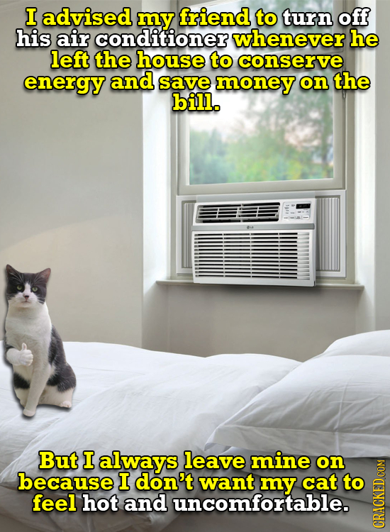 I advised my friend to turn off his air conditioner whenever he left the house to conserve energy and save money on the bill. But I always leave mine