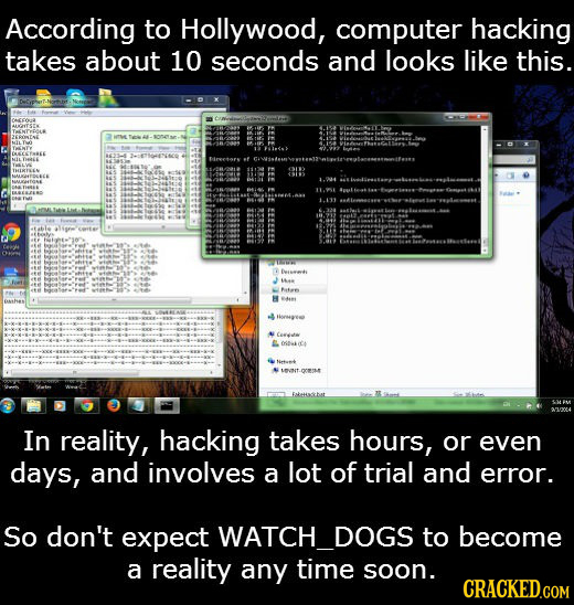 According to Hollywood, computer hacking takes about 10 seconds and looks like this. acca 260ENE N TNTY Dse oretgeee al oiasate Fatetaccbat In reality