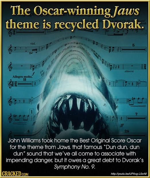 The Oscar-winning. Jaws theme is recycled Dvorak. viol. 5 anaccu Allegro mnotte. 11 7 28 John Williams took home the Best Original Score Oscar for the