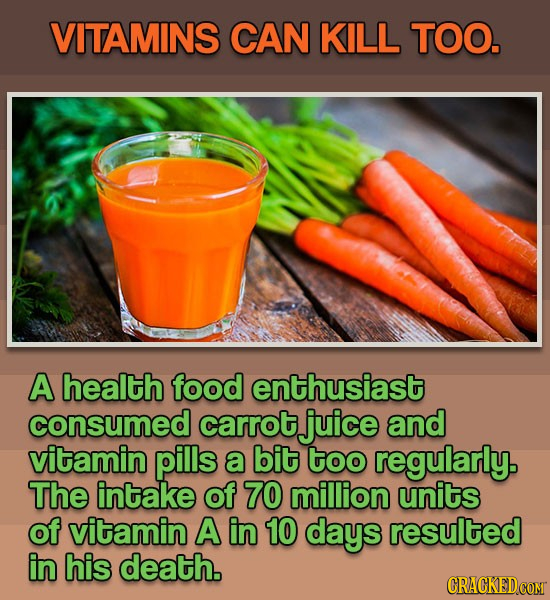 VITAMINS CAN KILL TOO. A health food enthusiast consumed carrot juice and vitamin pills a bit too regularly. The intake of 70 million units of vitamin