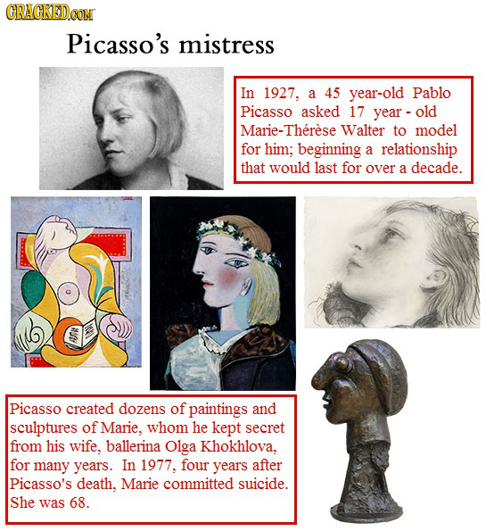 GRACKEDOT Picasso's mistress In 1927. a 45 year-old Pablo Picasso asked 17 year - old Marie-Therese Walter to model for him; beginning a relationship 