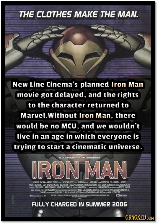 THE CLOTHES MAKE THE MAN. New Line Cinema's planned Iron Man movie got delayed, and the rights to the character returned to Marvel.Without Lron Man, t