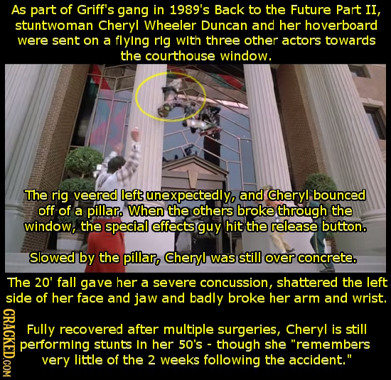 As part of Griff's gang in 1989's Back to the Future Part II, stuntwoman Cheryl Wheeler Duncan and her hoverboard were sent on a flying rlg with three