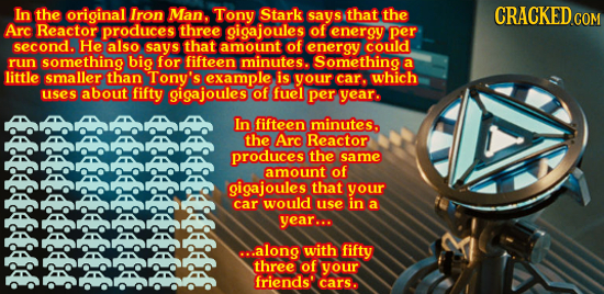 In the original Iron Man. Tony Stark says that the CRACKED COM Arc Reactor produces three gigajoules of energy per second. He also says that amount of