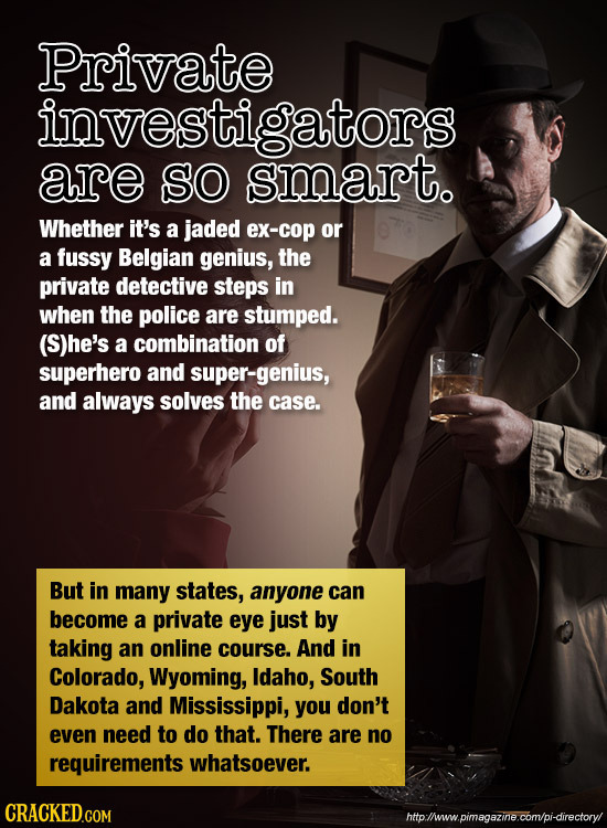 Private investigators are SO smart. Whether it's a jaded ex-cop or a fussy Belgian genius, the private detective steps in when the police are stumped.
