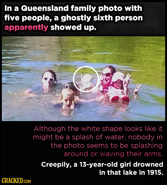 In a Queensland family photo with five people, a ghostly sixth person apparently showed up. Although the white shape looks like it might be a splash o