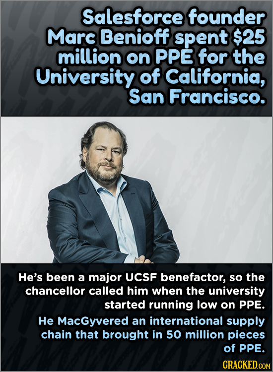 Salesforce founder Marc Benioff spent $25 million on PPE for the University of California, San Francisco. He's been a major UCSF benefactor, so the ch