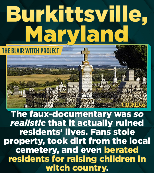 Burkittsville, Maryland THE BLAIR WITCH PROJECT CRACKED CON The faux-documentary was SO realistic that it actually ruined residents' lives. Fans stole property, took dirt from the local cemetery, and even berated residents for raising children in witch country.