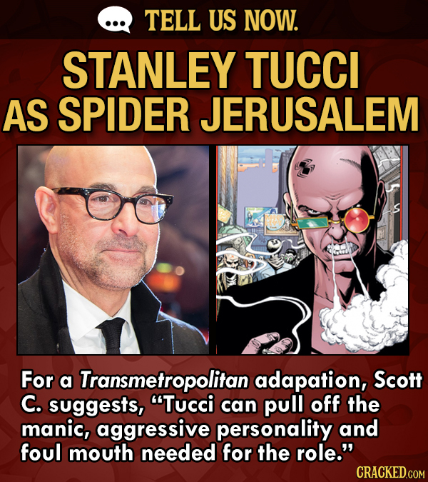 TELL US NOW. STANLEY TUCCI AS SPIDER JERUSALEM For a Transmetropolitanadapation, Scott C. suggests, can pull off the manic, aggressive personality and