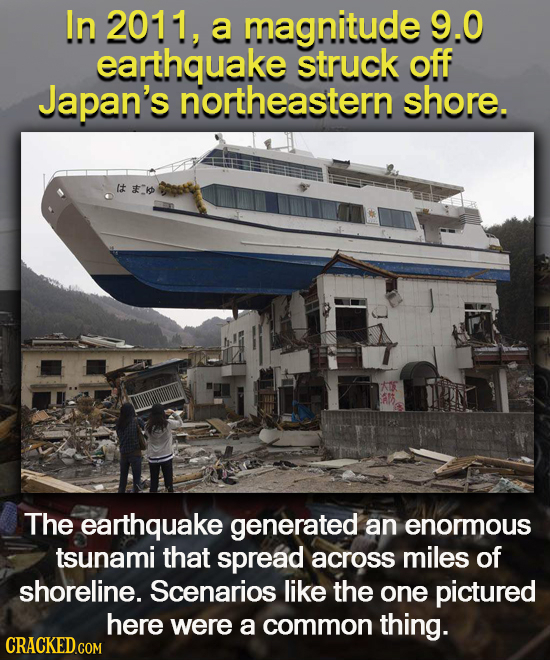 In 2011, a magnitude 9.0 earthquake struck off Japan's northeastern shore. lt The earthquake generated an enormous tsunami that spread across miles of