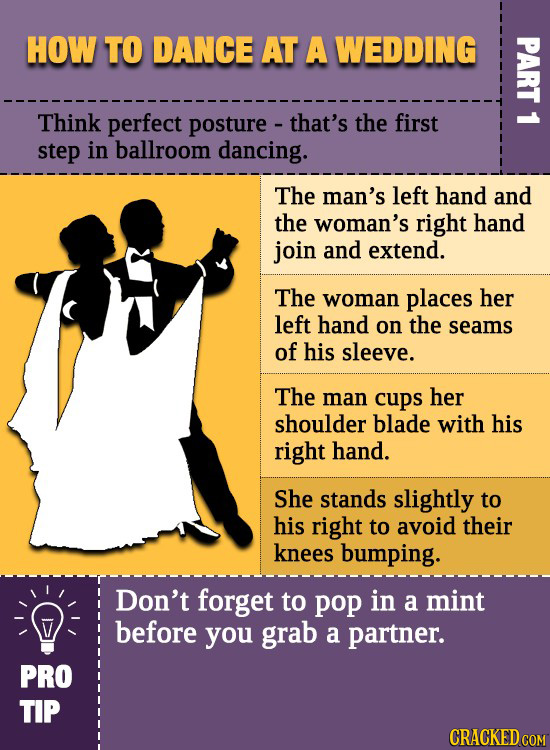 HOW TO DANCE AT A WEDDING PART Think perfect posture -that's the first - step in ballroom dancing. The man's left hand and the woman's right hand join