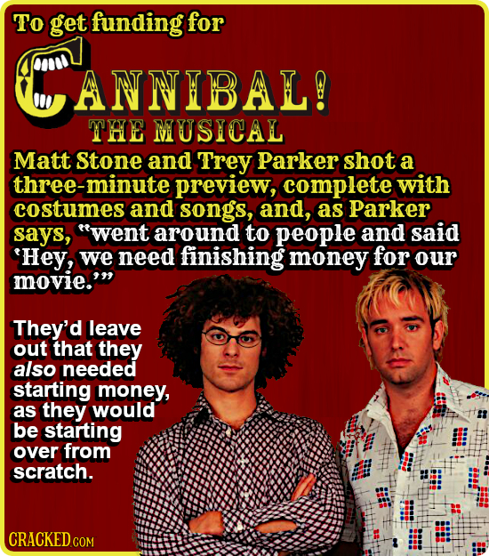 To get funding for ANNIBAL! THE MUSICAL Matt Stone and Trey Parker shot a three-minute preview, complete with costumes and songs, and, as Parker says,
