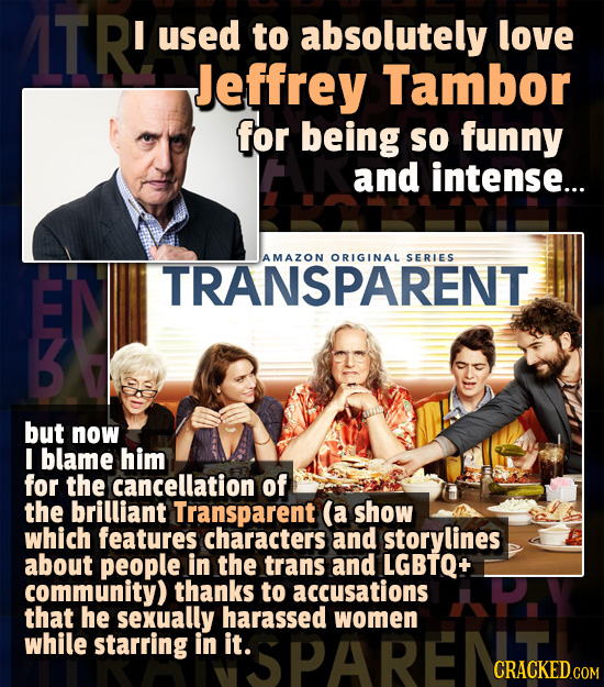 ITR! I used to absolutely love Jeffrey Tambor for being so funny and intense... AMAZON ORIGINAL SERLES TRANSPARENT but now I blame him for the cancell