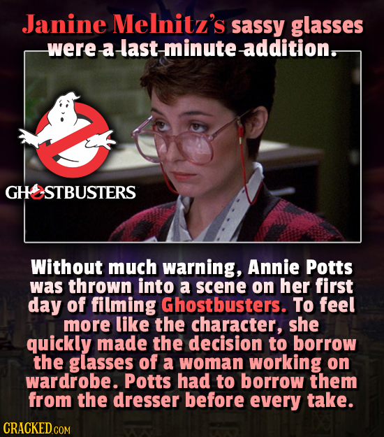 Janine Melnitz's sassy glasses were a Hlast minute-addition, GHSSTBUSTERS Without much warning, Annie Potts was thrown into a scene on her first day o