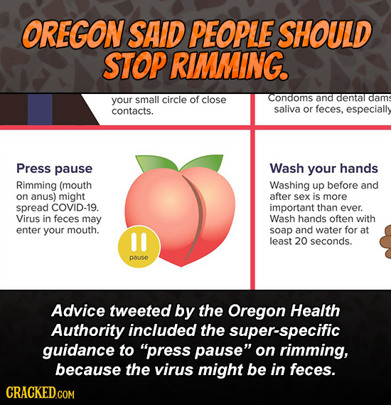 OREGON SAID PEOPLE SHOULD STOP RIMMING. circle of Condoms dental dams your small close and contacts. saliva or feces, especially Press pause Wash your