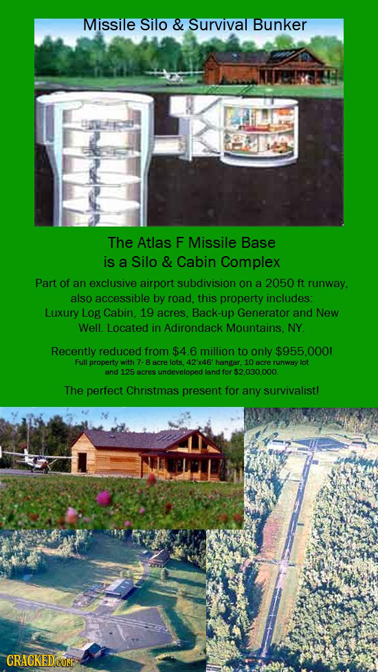 Missile Sillo & Survival Bunker ta The Atlas F Missile Base is a Silo & Cabin Complex Part of an exclusive airport subdivision on a 2050 ft runway, al