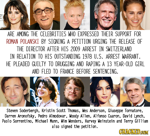 ARE AMONG THE CELEBRITIES WHO EXPRESSED THEIR SUPPORT FOR ROMAN POLANSKI BY SIGNING A PETITION URGING THE RELEASE OF THE DIRECTOR AFTER HIS 2009 ARRES