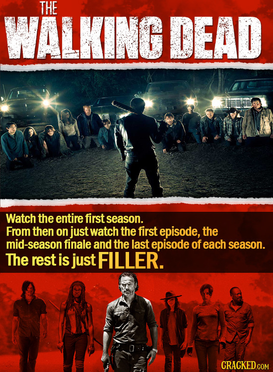THE WALKINGDEAD Watch the entire first season. From then on just watch the first episode, the -season finale and the last episode of each season. The 