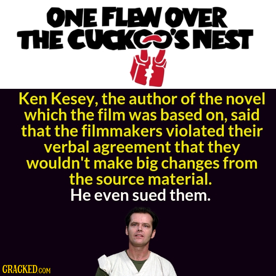 ONE FLENOVER THE CUCKCSNEST Ken Kesey, the author of the novel which the film was based on, said that the filmmakers violated their verbal agreement t