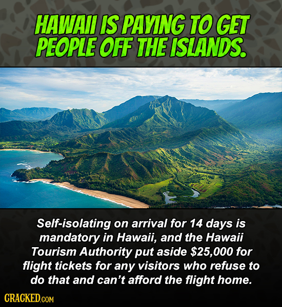 HAWAI IS PAYING TO GET PEOPLE OFF THE ISLANDS. Self-isolating on arrival for 14 days is mandatory in Hawaii, and the Hawaii Tourism Authority put asid