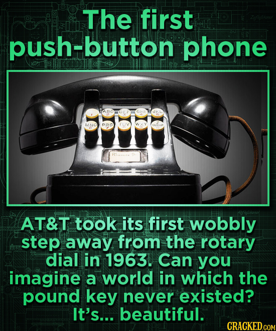 The first push-button phone JKL MNO PRO AT&T took its first wobbly step away from the rotary dial in 1963. Can you imagine a world in which the pound