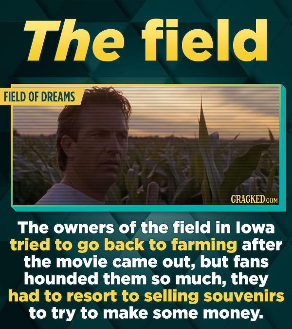 The field FIELD OF DREAMS CRACKEDCO The owners of the field in lowa tried to go back to farming after the movie came out, but fans hounded them so much, they had to resort to selling souvenirs to try to make some money.